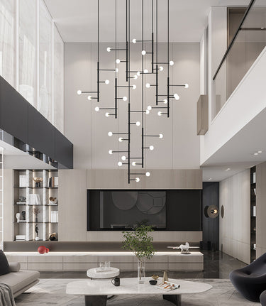 Side angle of the 36-light mixed style chandelier, highlighting its height and light diffusion.